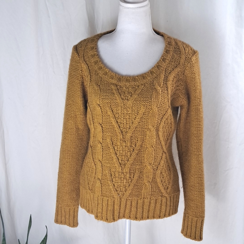 Elsamanda Anthropologie alpaca blend cable knit crew scoop sweater mustard szS-M